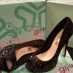 Madeline Girl Sparkling Black Peep Toe Heels